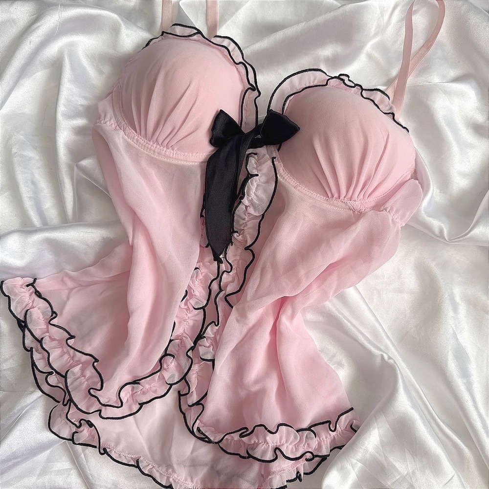 Apt. 9 Pink Mesh Babydoll Top Ruffle Trim Black Bow Coquette Lingerie Small